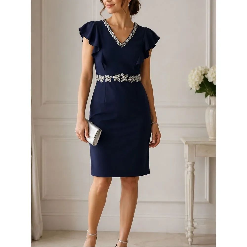 Burryco Elegant Short Sleeve Navy Embellished Midi Dress Size 8